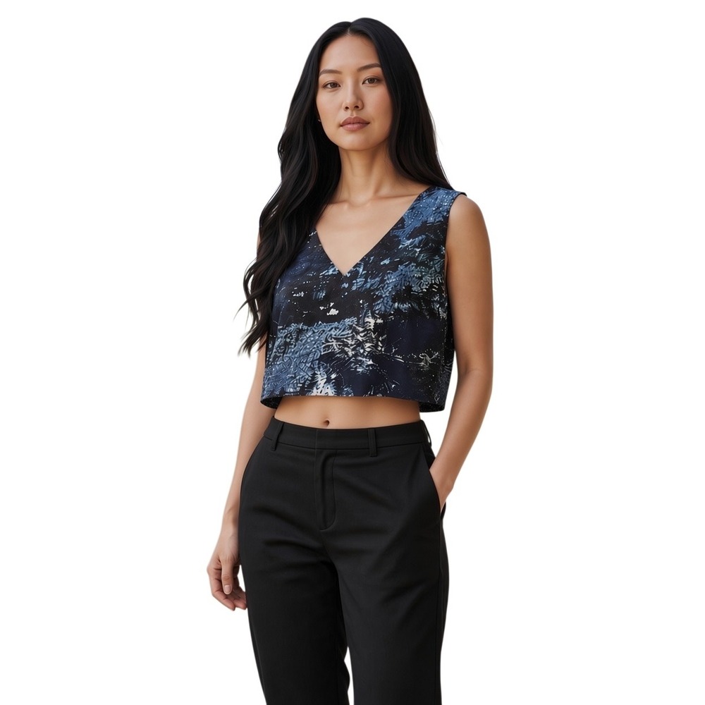 Babaton Aritzia Navy Blue Abstract Print V-Neck Sleeveless Crop Top XS